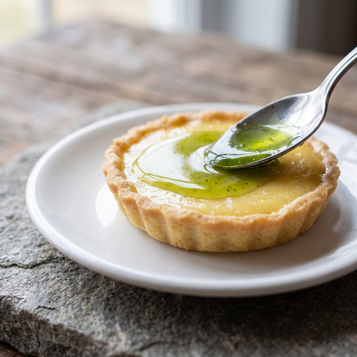 Cuillérée de gelée de basilic vert délicatement versée sur une tartelette dorée déposée sur une assiette blanche
