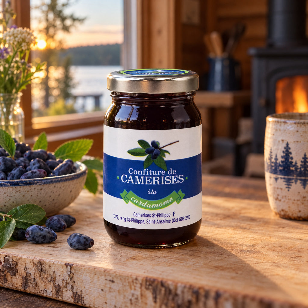 Pot de confiture de camerises sur un plan de travail en bois avec des baies et vue sur un lac au coucher du soleil