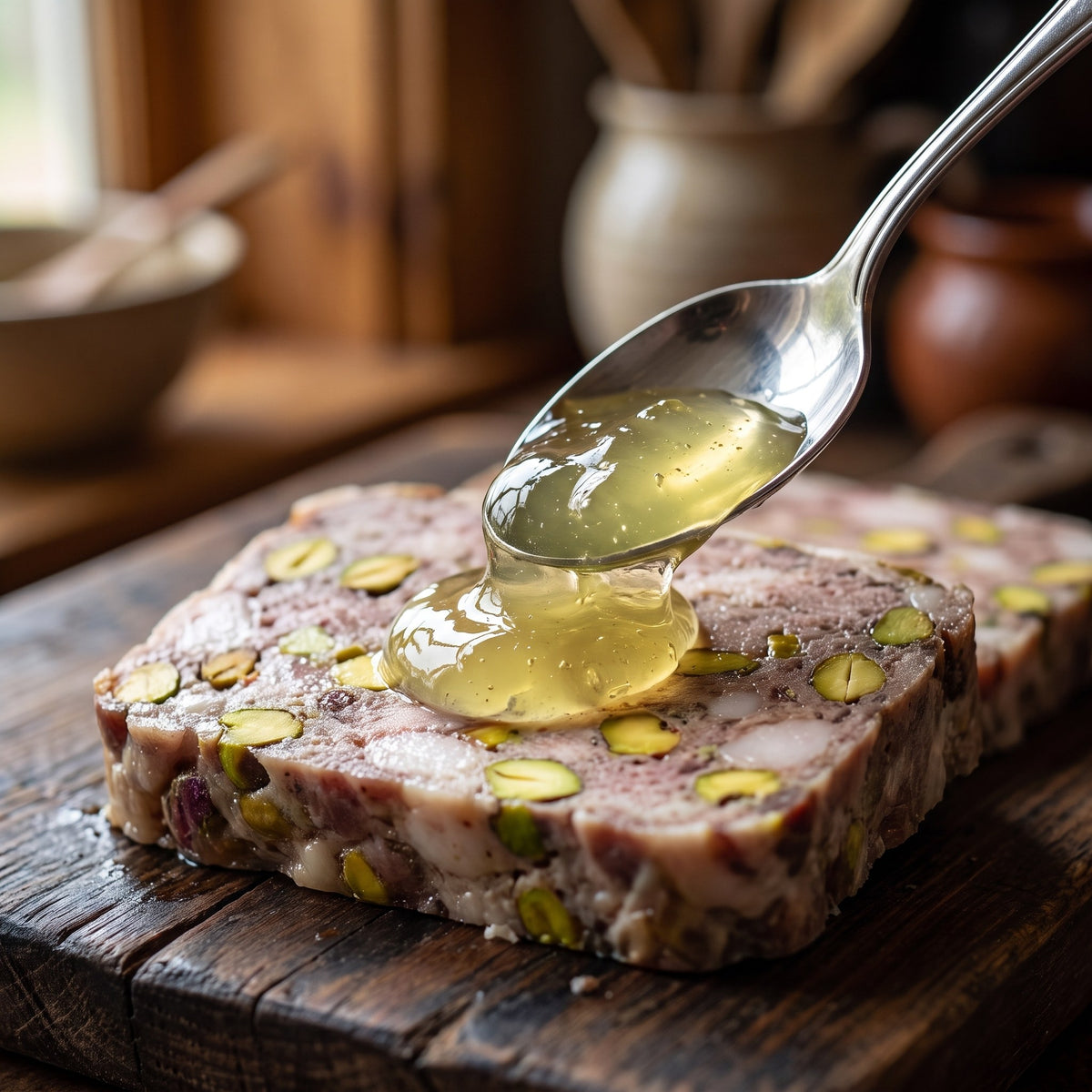 Gelée de cèdre versée à la cuillère sur une terrine aux pistaches déposée sur une planche de bois rustique