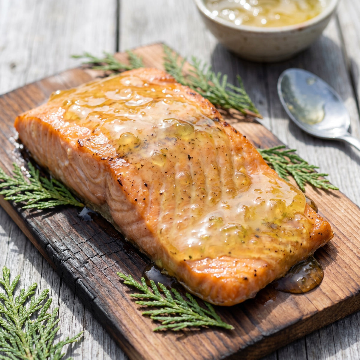 Filet de saumon laqué de gelée de cèdre présenté sur une planche de bois avec des rameaux