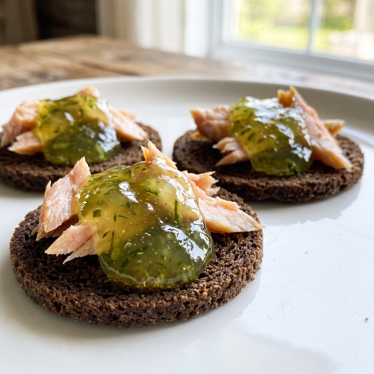 Canapés de pain de seigle noir garnis de saumon et de gelée de concombre sur une assiette blanche