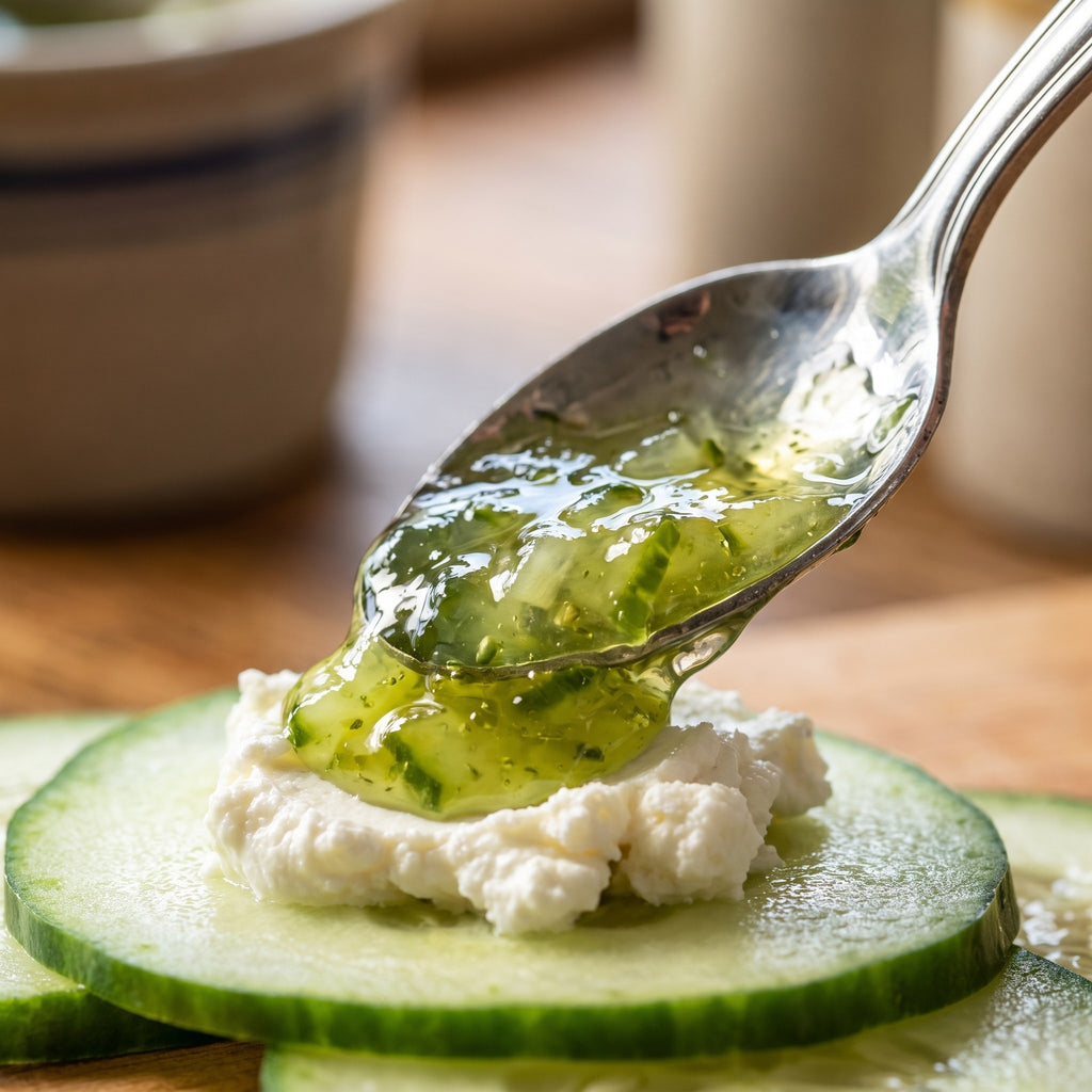 Une cuillère dépose de la gelée de concombres translucide sur du fromage à la crème et des tranches de concombre frais
