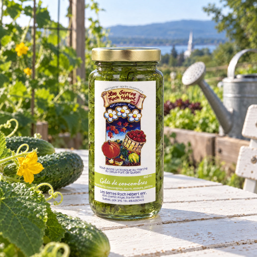 Pot de gelée de concombres sur une table blanche dans un potager ensoleillé avec des concombres frais