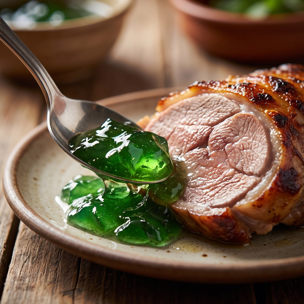 Cuillère versant de la gelée de menthe translucide sur une tranche de rôti d'agneau juteux servi dans une assiette rustique