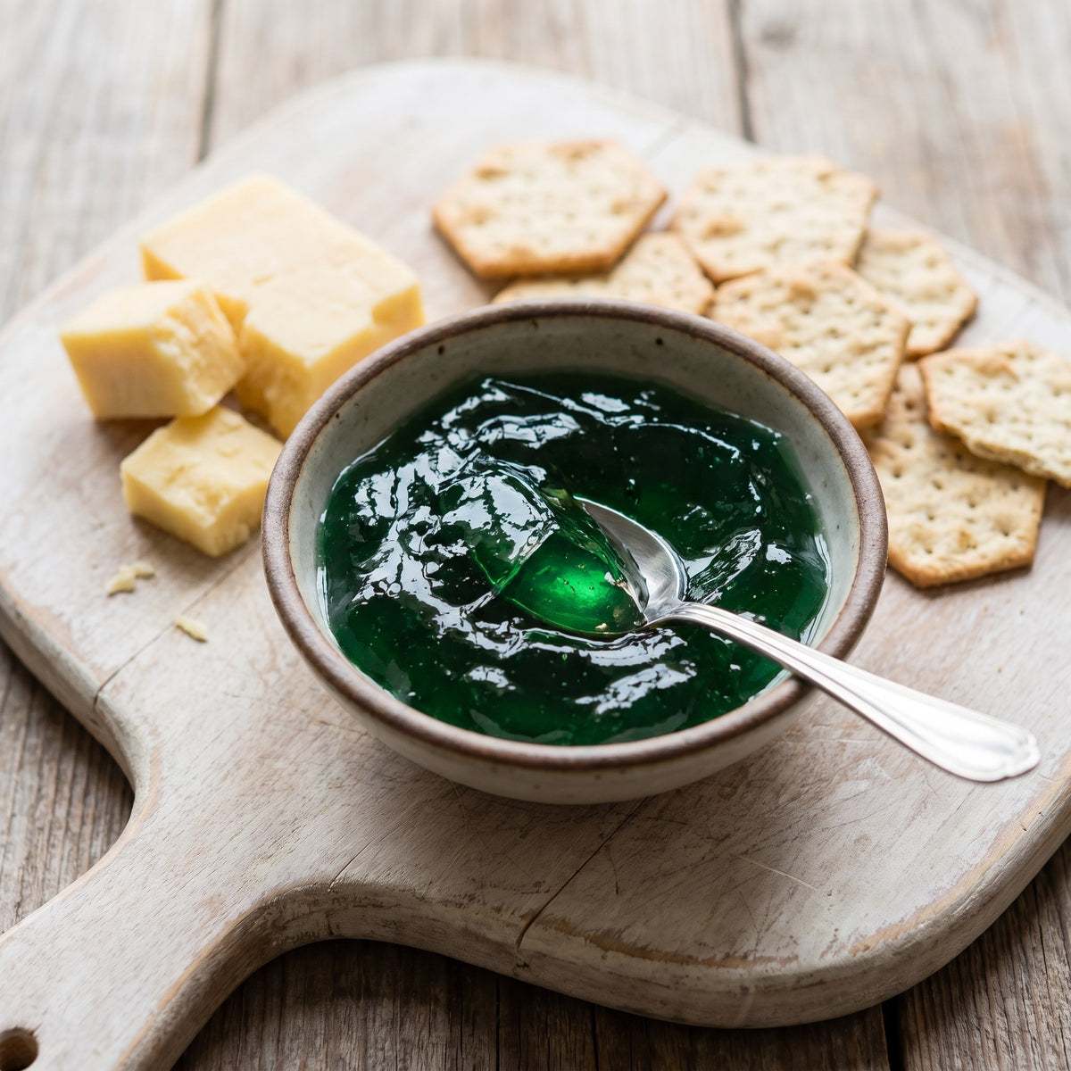Bol de gelée de menthe translucide avec une cuillère, servi sur une planche de bois avec du fromage et des craquelins