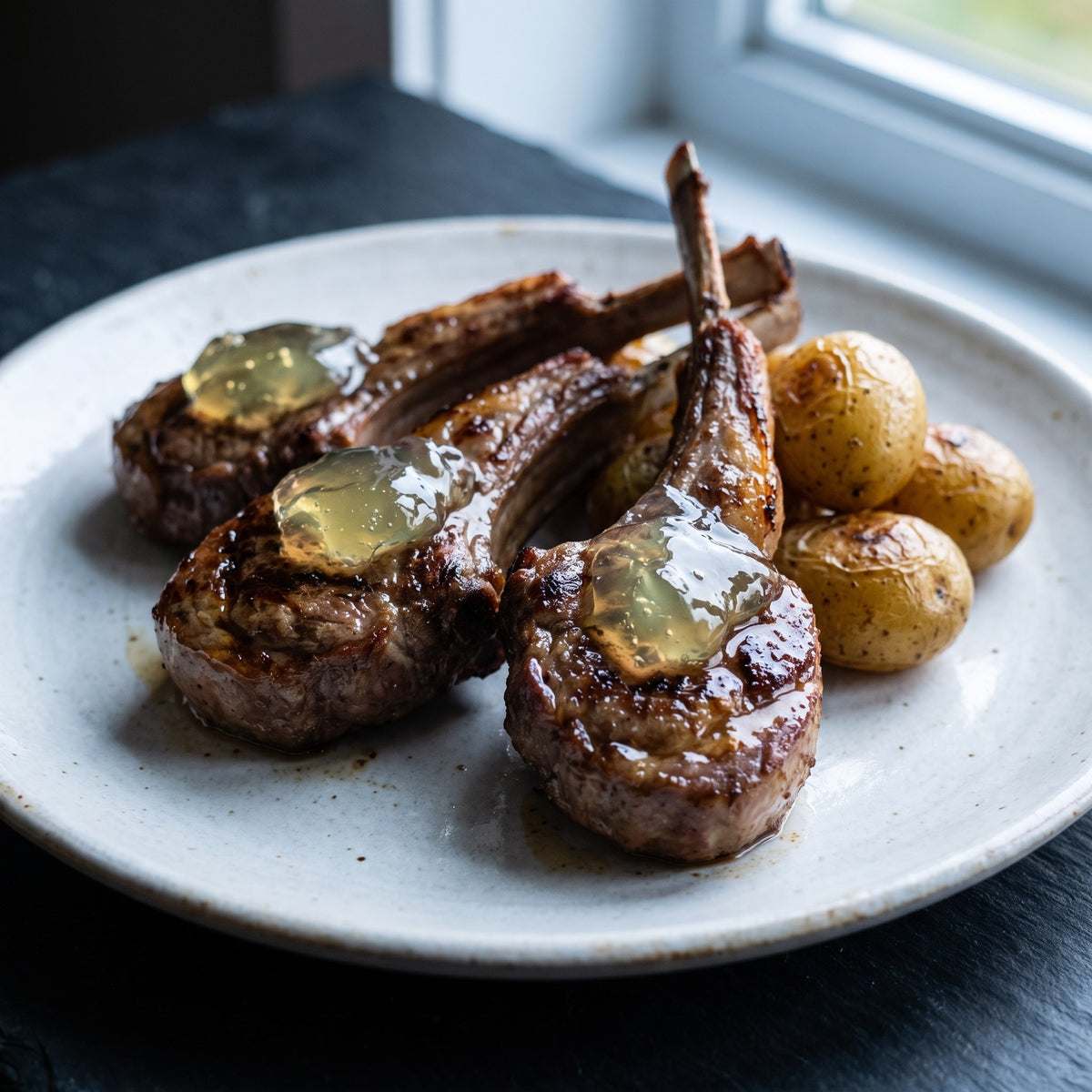 Côtelettes d'agneau nappées de gelée de sapin, servies avec des pommes de terre grelots sur une assiette blanche