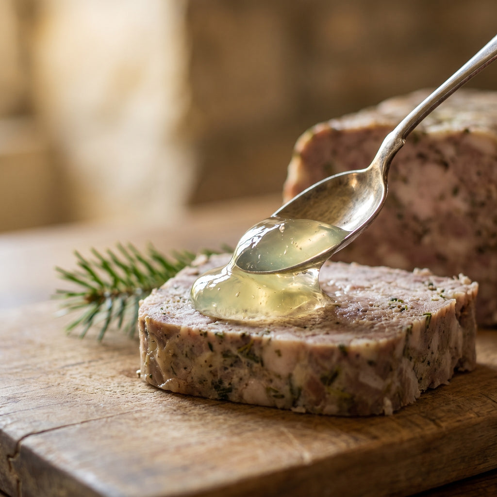 Gelée de sapin coulante d'une cuillère sur une tranche de terrine, présentée sur une planche de bois rustique