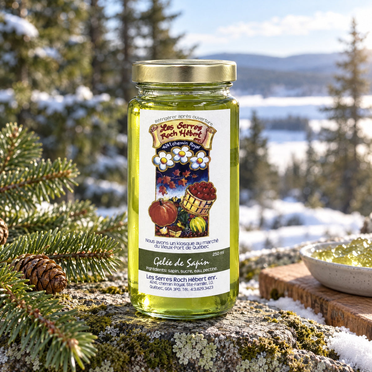 Pot de gelée de sapin sur un rocher moussu avec des branches de conifères devant un paysage d'hiver