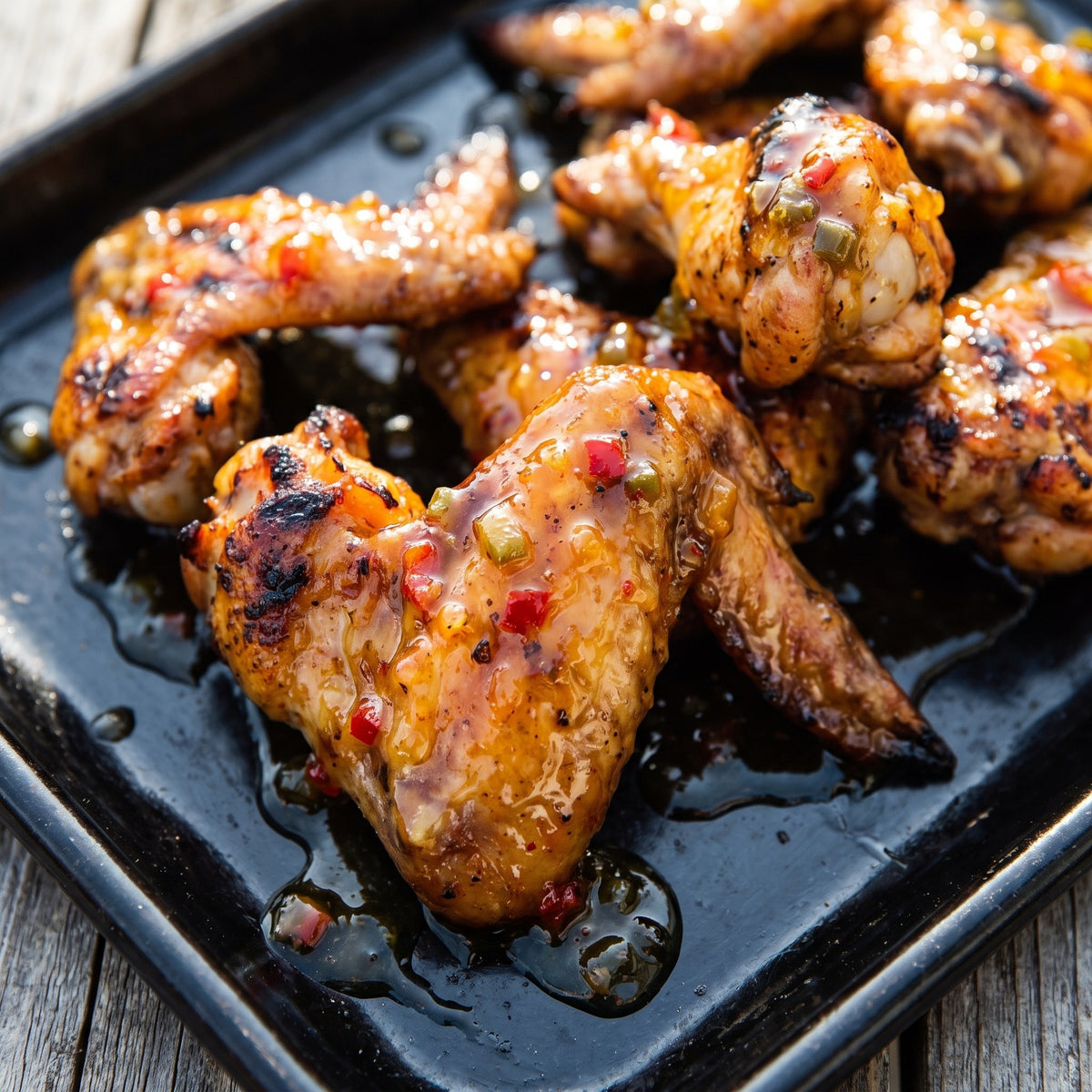 Ailes de poulet grillées et laquées de Gelée du diable piquante avec petits morceaux de piments rouges et verts