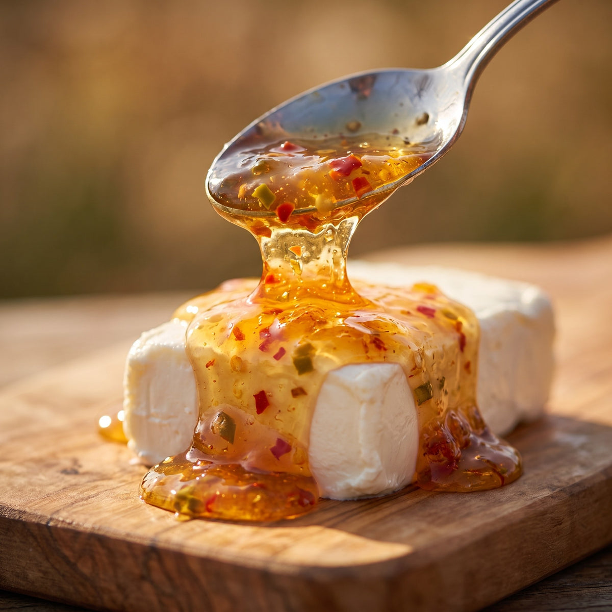 Cuillère versant la gelée du diable coulante sur un bloc de fromage à la crème sur une planche de bois