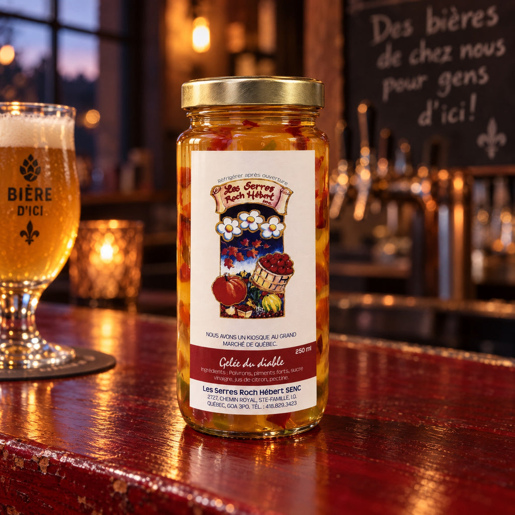 Un pot de Gelée du diable sur un comptoir de bar en bois chaleureux, à côté d'un verre de bière mousseuse bien fraîche