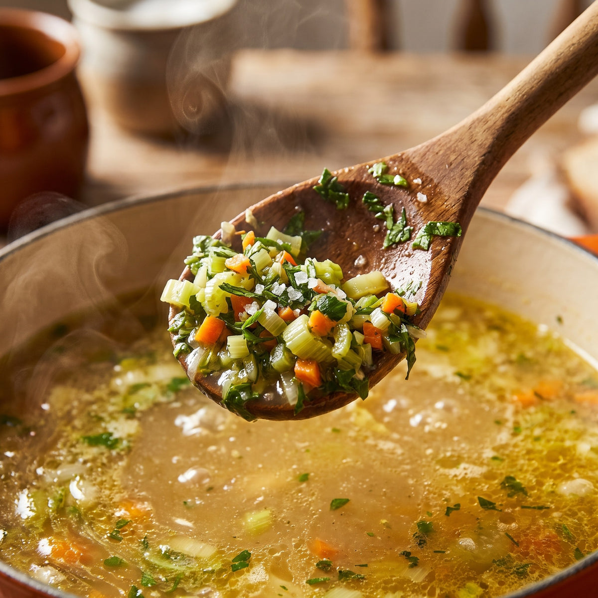 Une cuillerée d'herbes salées du Bas-du-Fleuve au-dessus d'une soupe fumante dans un décor rustique
