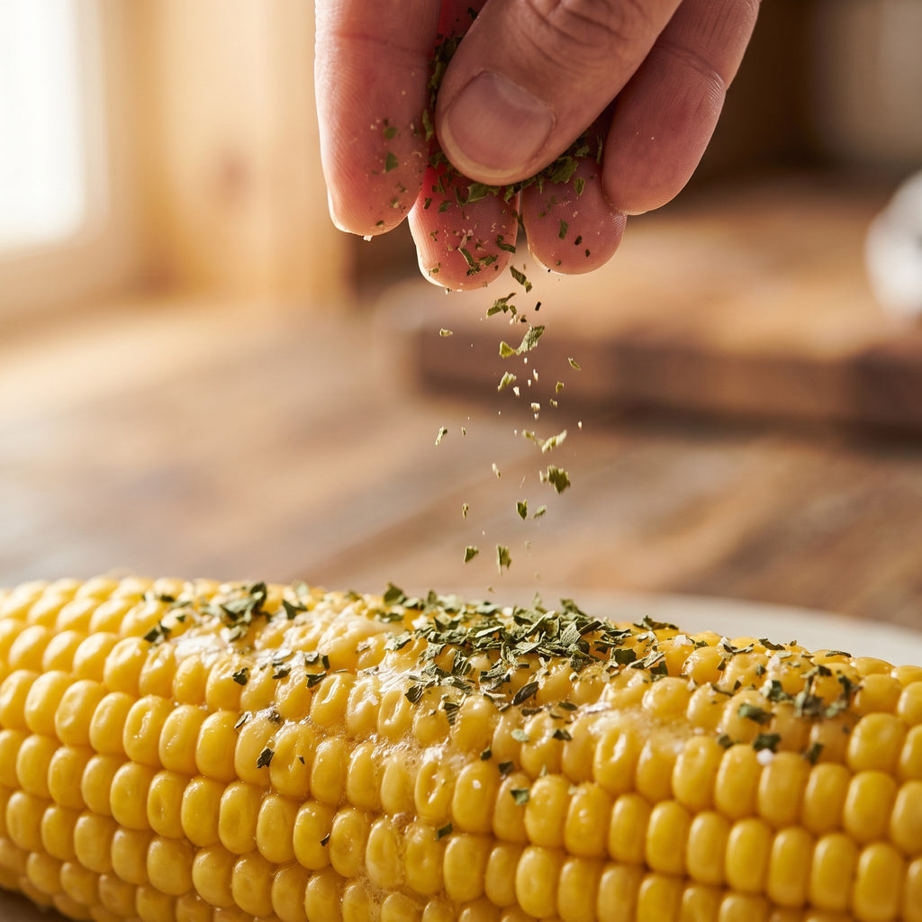Main saupoudrant des herbes salées du Bas-du-Fleuve déshydratées sur un épi de maïs chaud et beurré