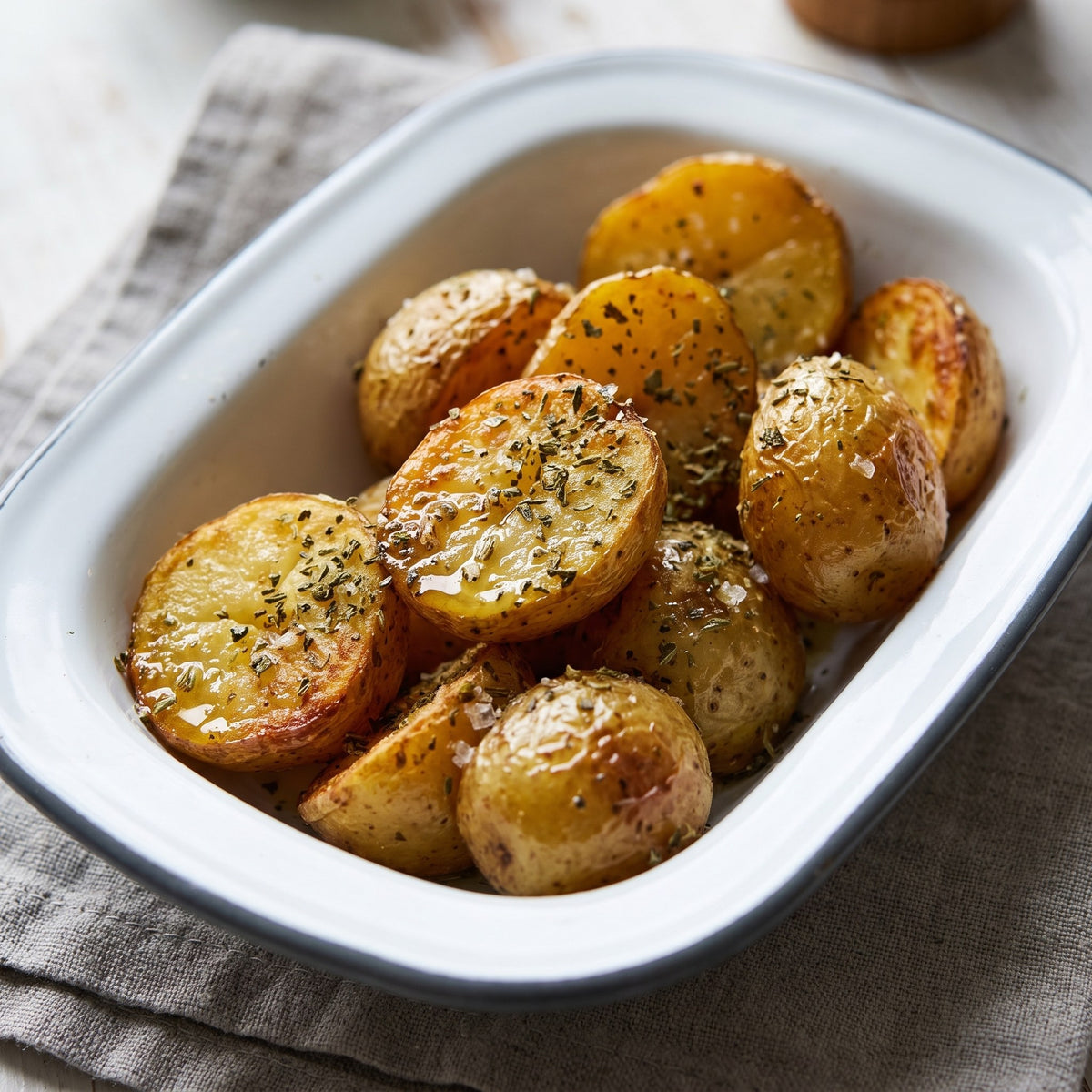 Pommes de terre dorées garnies d'herbes salées du Bas-du-Fleuve déshydratées dans un plat de cuisson blanc