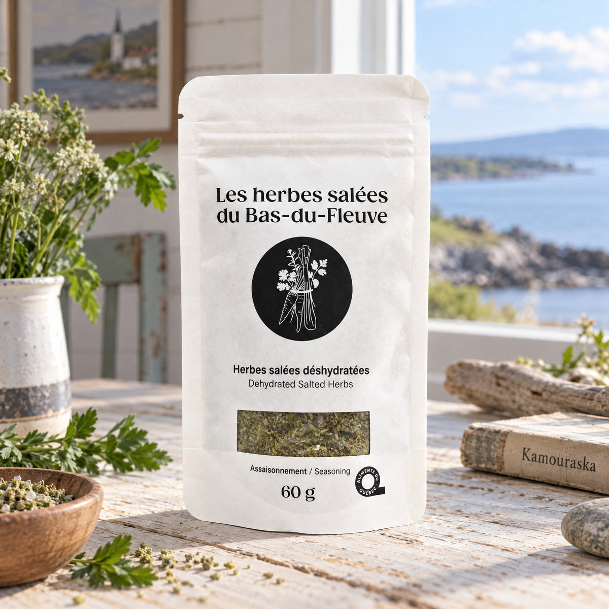 Sachet d'Herbes salées du Bas-du-Fleuve déshydratées sur une table en bois blanc avec vue sur la mer