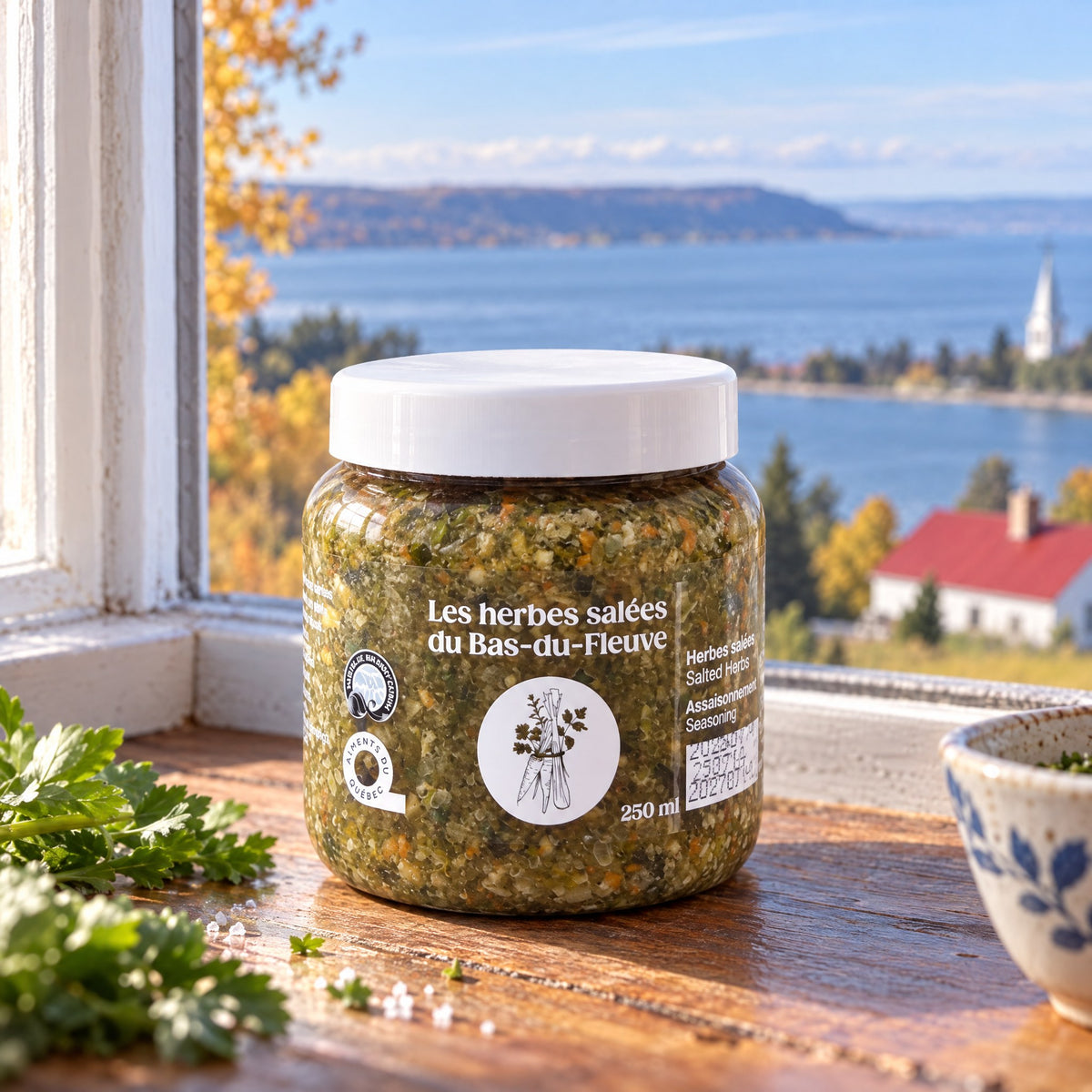 Pot d’herbes salées du Bas-du-Fleuve sur un rebord de fenêtre en bois devant un paysage maritime ensoleillé