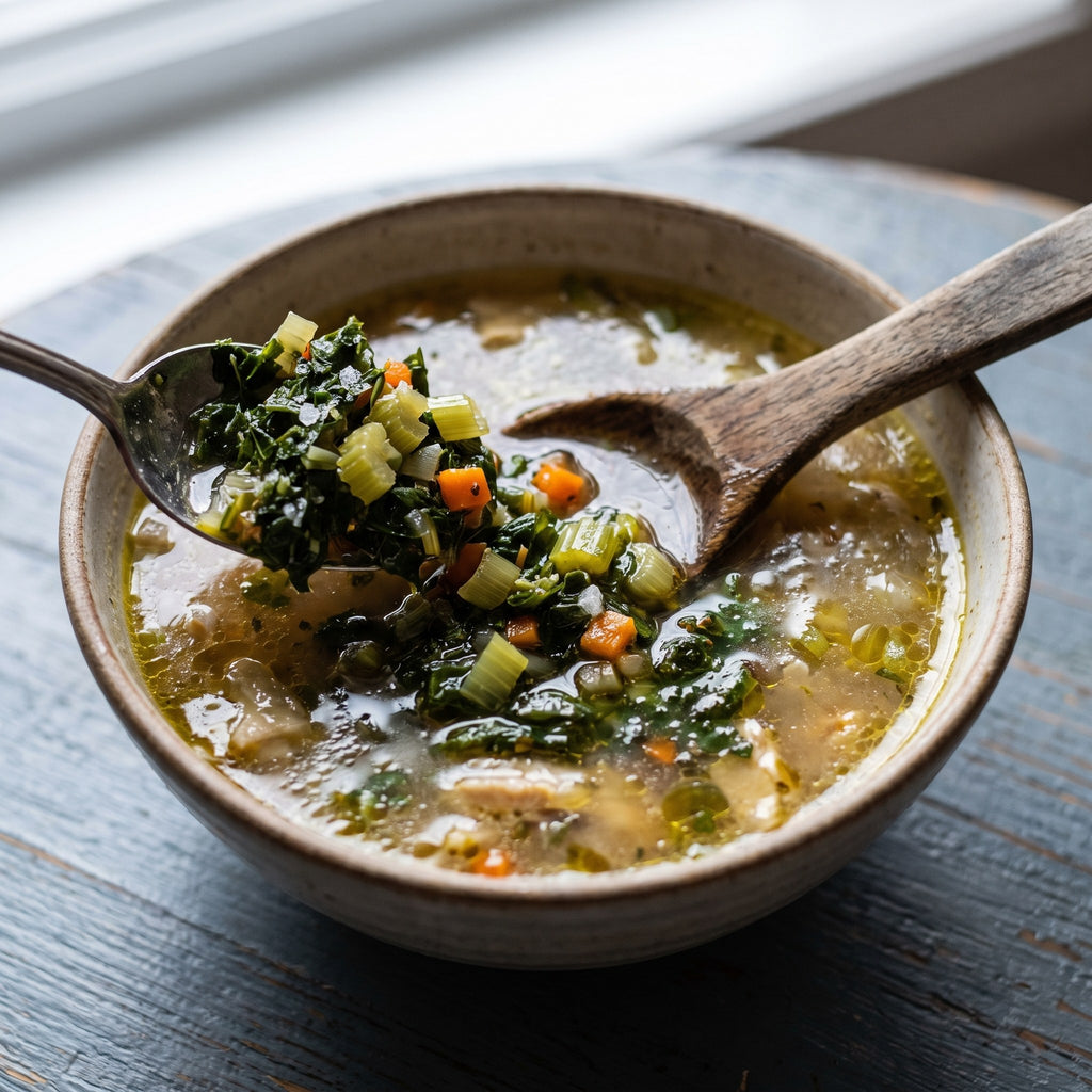 Cuillérée de soupe garnie d'herbes salées du Bas-du-Fleuve, servie dans un bol de céramique rustique
