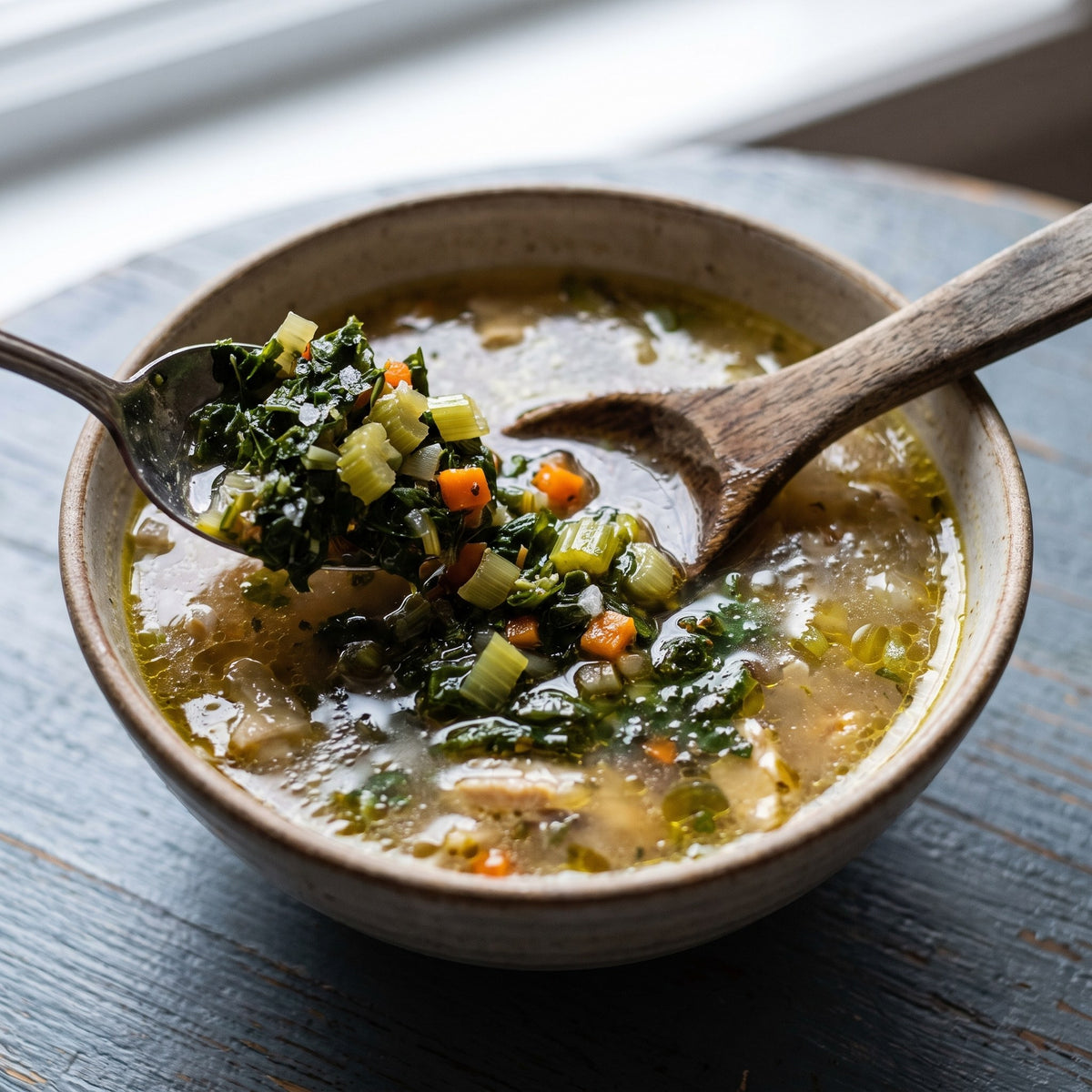 Cuillérée de soupe garnie d'herbes salées du Bas-du-Fleuve, servie dans un bol de céramique rustique