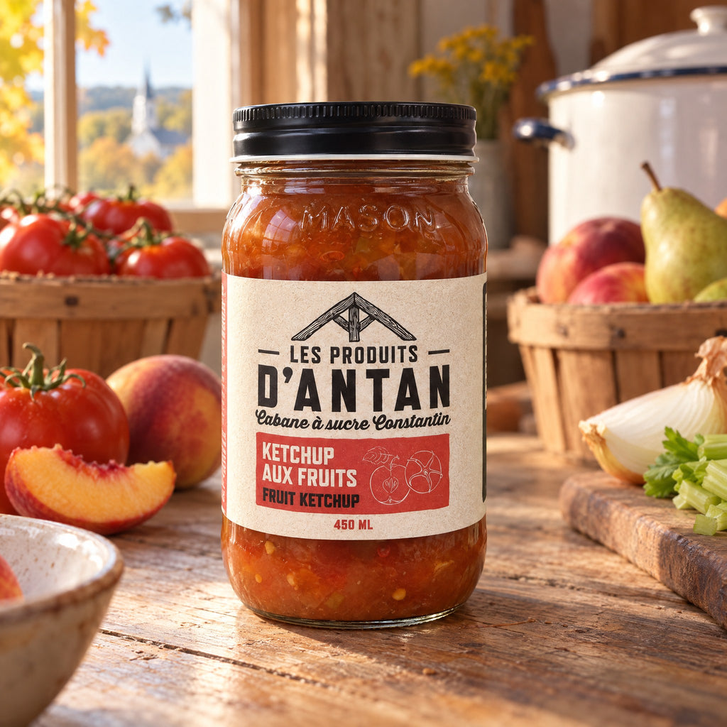 Pot de ketchup aux fruits Les Produits d'Antan sur une table en bois ensoleillée avec des pêches et tomates fraîches