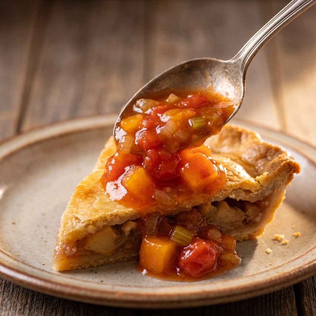 Cuillère versant du ketchup aux fruits sur une pointe de tourtière dorée, servie dans une assiette rustique
