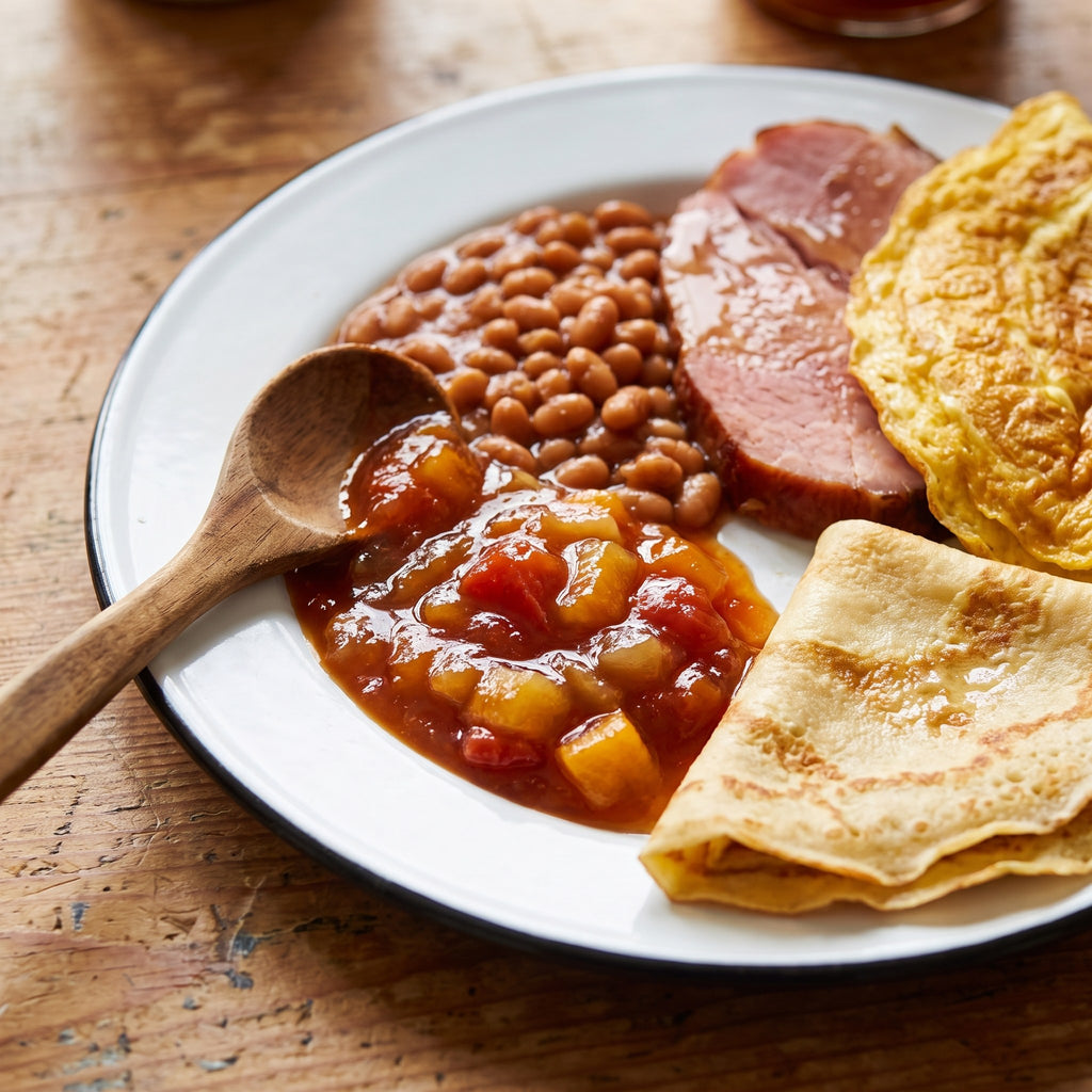 Assiette de brunch avec jambon, fèves au lard, crêpe et ketchup aux fruits sucré au sirop d'érable