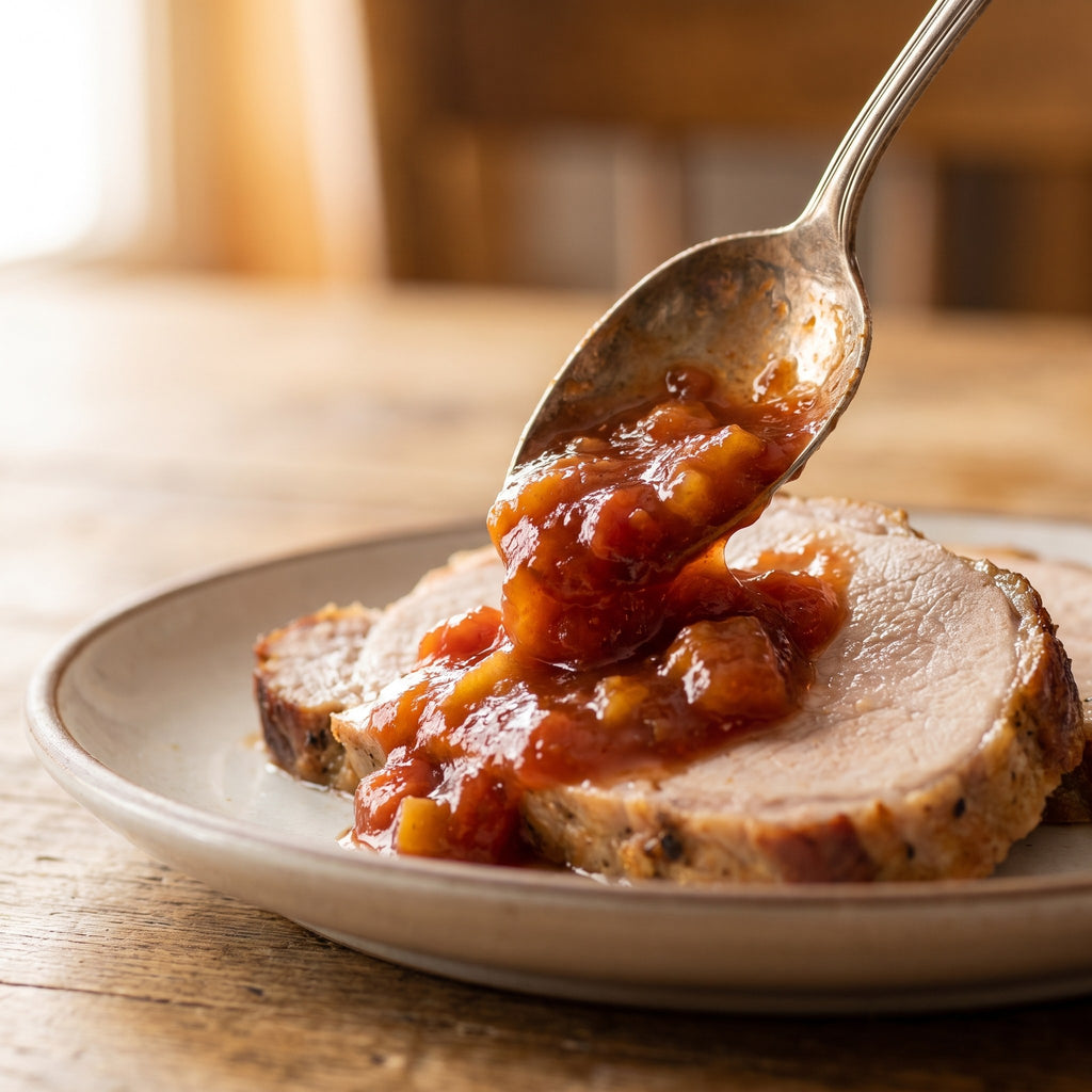 Ketchup aux fruits sucré au sirop d'érable versé à la cuillère sur des tranches de rôti de porc