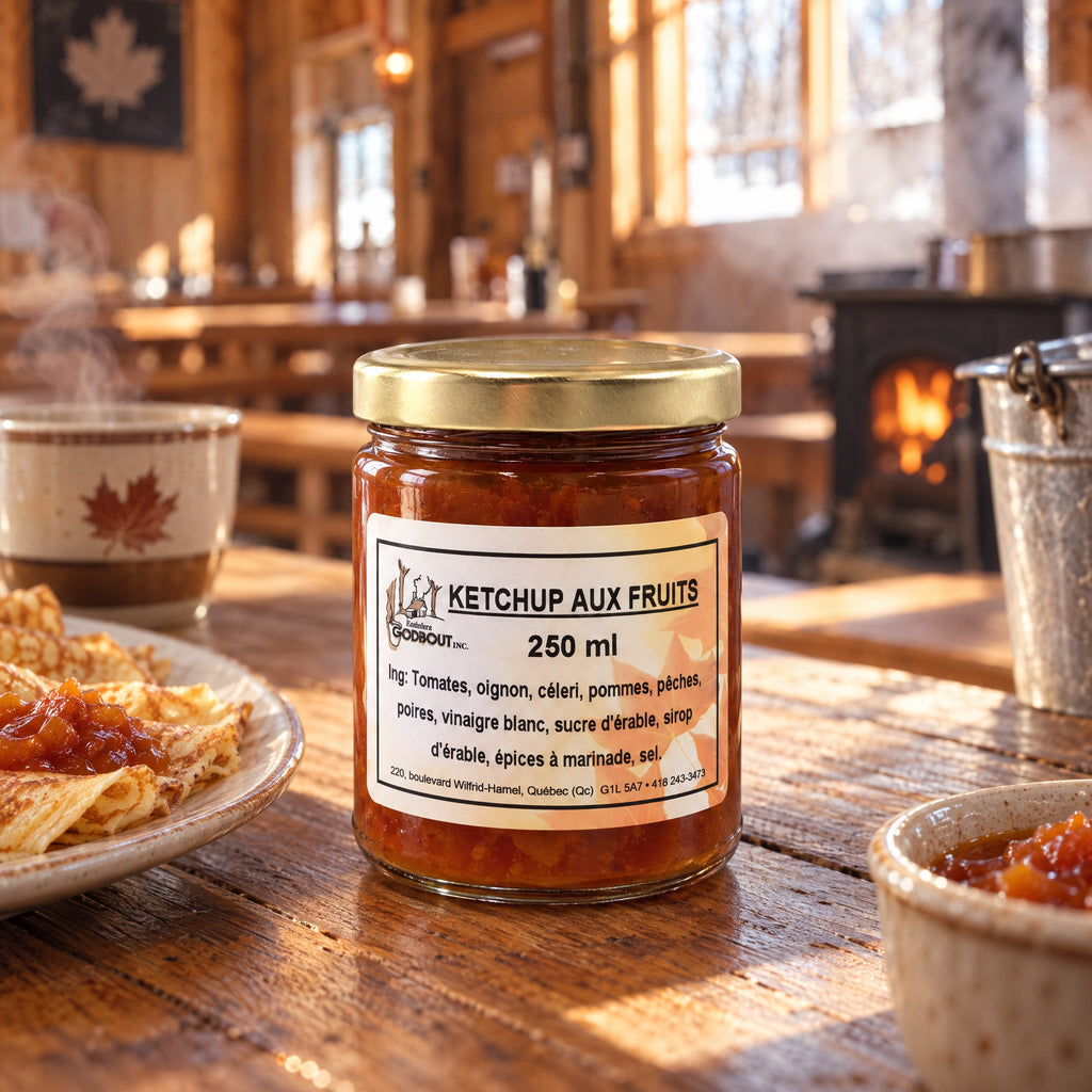 Pot de ketchup aux fruits sur une table en bois avec des crêpes et un poêle à bois en arrière-plan d'une cabane à sucre