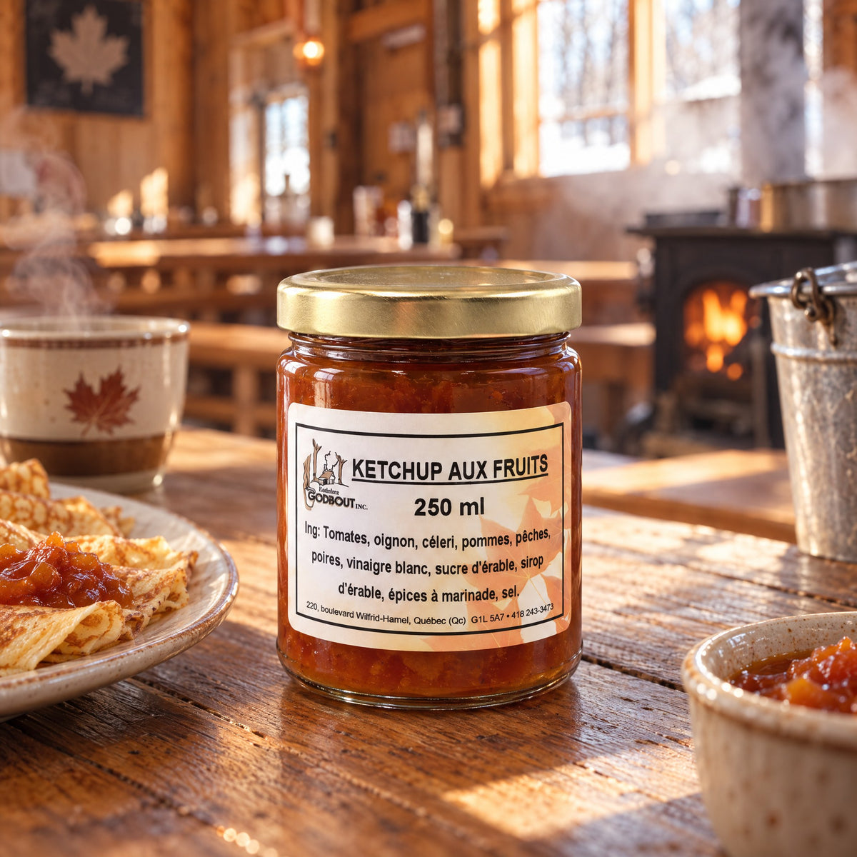 Pot de ketchup aux fruits sur une table en bois avec des crêpes et un poêle à bois en arrière-plan d'une cabane à sucre