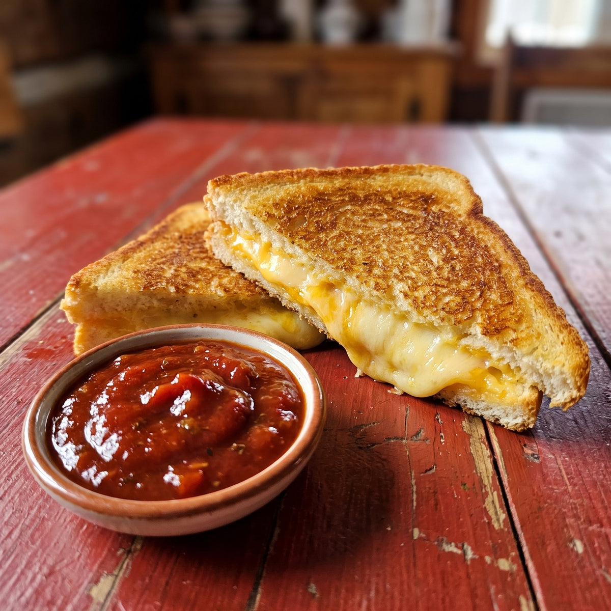 Bol de ketchup aux tomates maison et sandwich au fromage fondu sur une table en bois rustique rouge