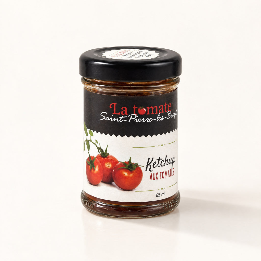 Pot de ketchup aux tomates avec couvercle noir et étiquette illustrée de tomates fraîches, isolé sur fond crème