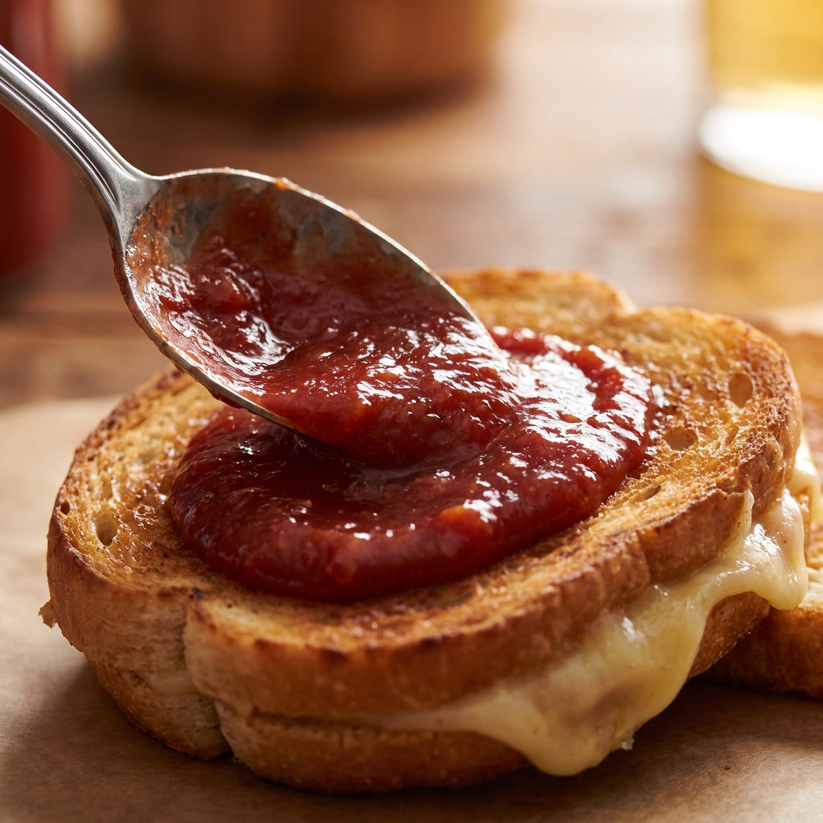 Une cuillère dépose du ketchup aux tomates sur un sandwich au fromage fondu bien grillé et doré