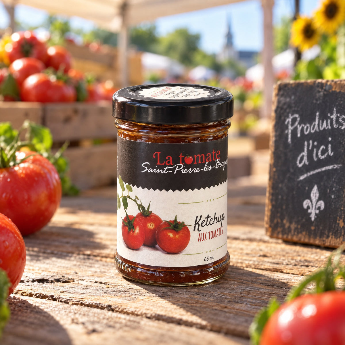Pot de ketchup aux tomates sur une table de bois rustique, entouré de tomates fraîches au marché public