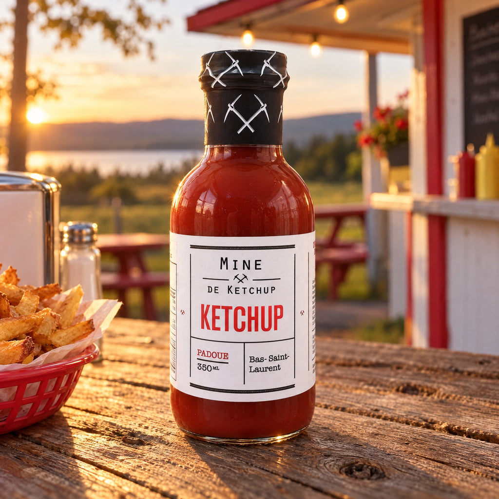 Bouteille de ketchup classique sur une table en bois avec des frites croustillantes devant un coucher de soleil