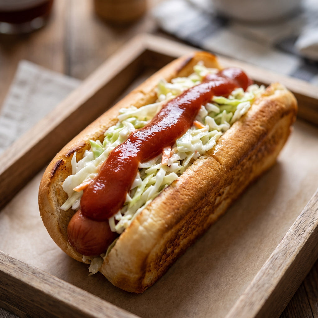 Hot dog gourmand au pain grillé garni de salade de chou et de ketchup classique dans un plateau de bois