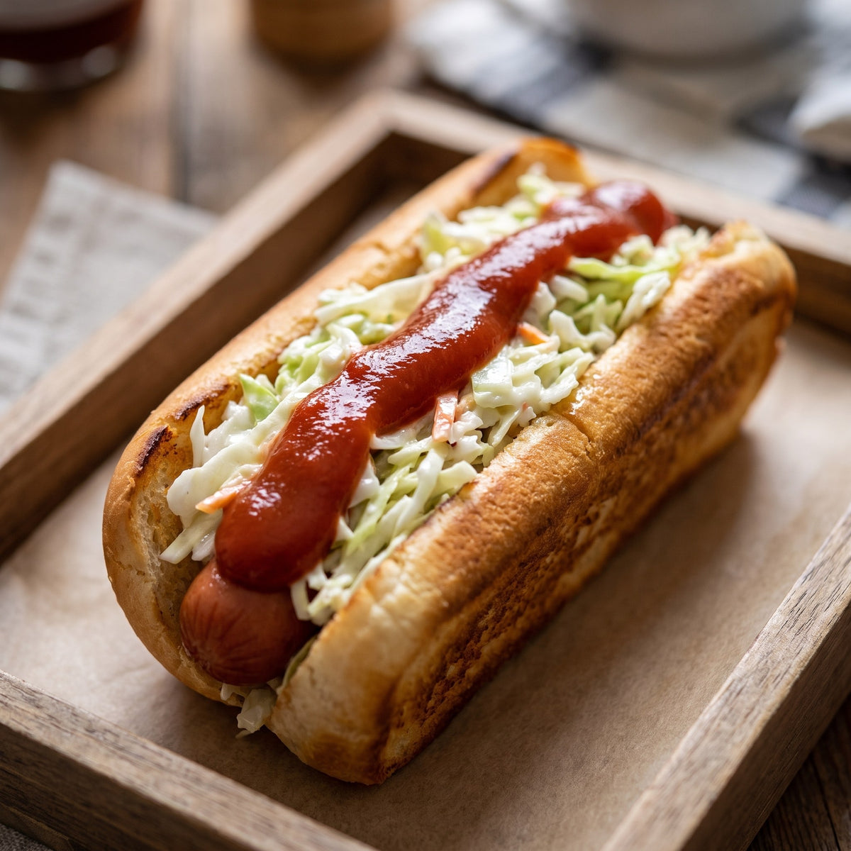 Hot dog gourmand au pain grillé garni de salade de chou et de ketchup classique dans un plateau de bois
