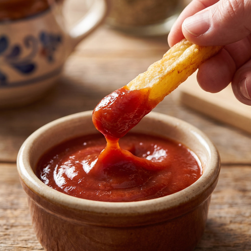 Une frite dorée trempée délicatement dans un ramequin de ketchup classique sur une table en bois