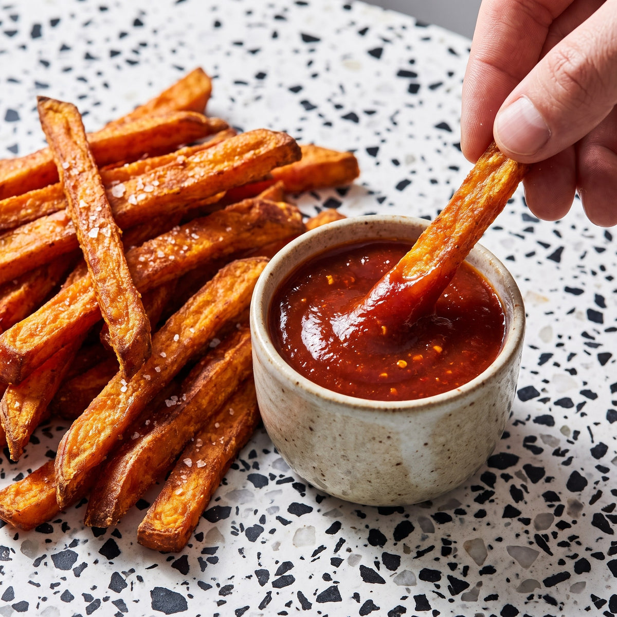 Frite de patate douce trempée dans un ramequin de ketchup épicé, servie avec des frites salées sur une table mouchetée