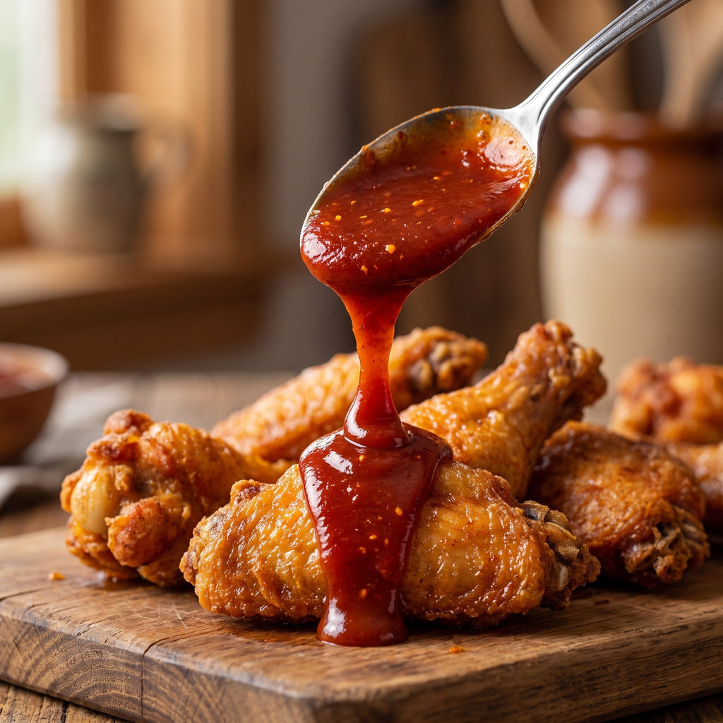 Cuillère versant du ketchup épicé sur des ailes de poulet croustillantes déposées sur une planche de bois