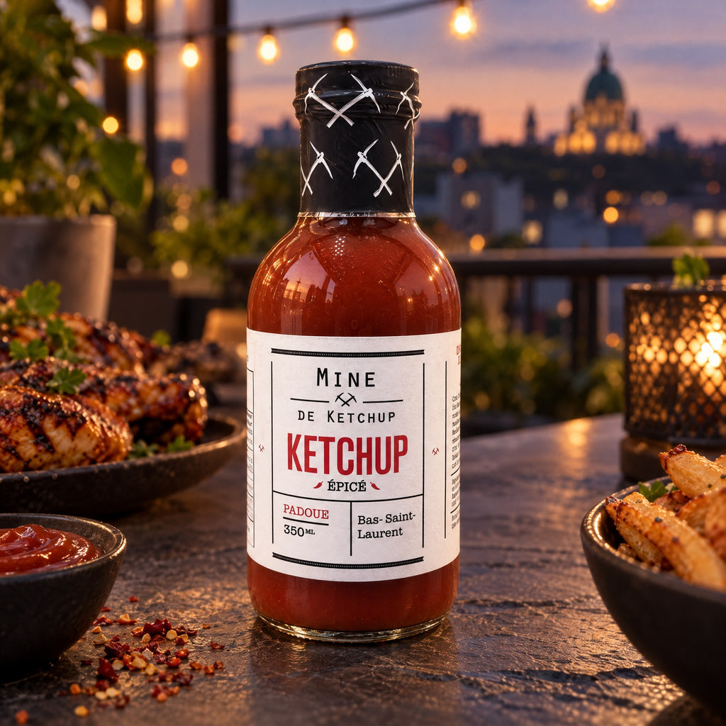 Bouteille de ketchup épicé sur une terrasse au crépuscule, entourée d'ailes de poulet grillées et de frites