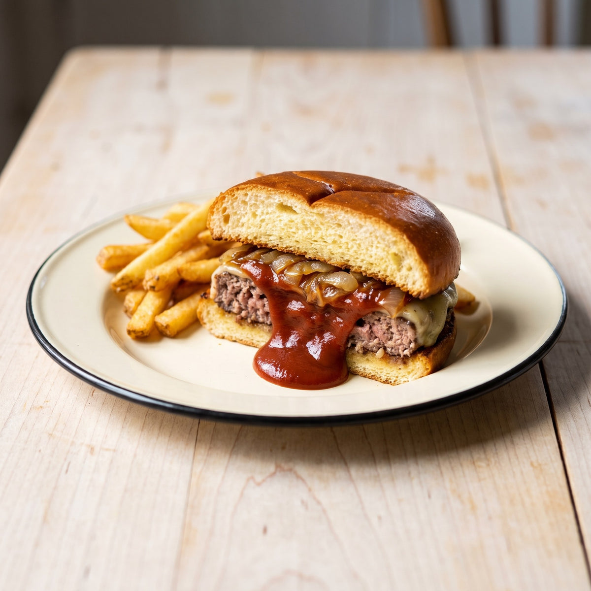 Burger coupé en deux débordant de Ketchup fumé au Rhum Nordique et frites croustillantes sur une table de bois