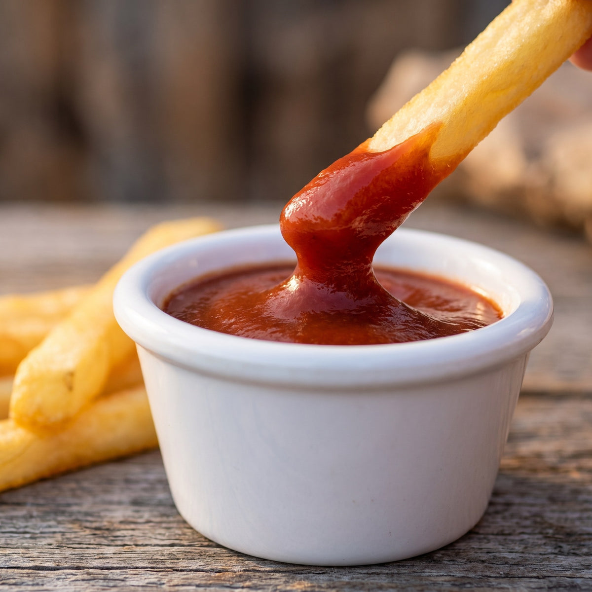 Une frite dorée trempée dans un ramequin de Ketchup fumé au Rhum Nordique sur une table en bois