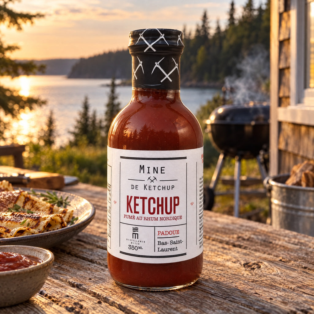 Ketchup fumé au Rhum Nordique sur une table rustique au bord de l'eau, avec des crêpes et un barbecue fumant