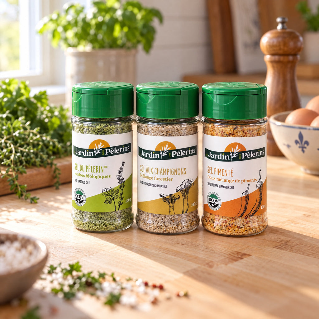 Les 3 sels du Pèlerin alignés sur un plan de travail en bois avec des fines herbes dans une cuisine lumineuse