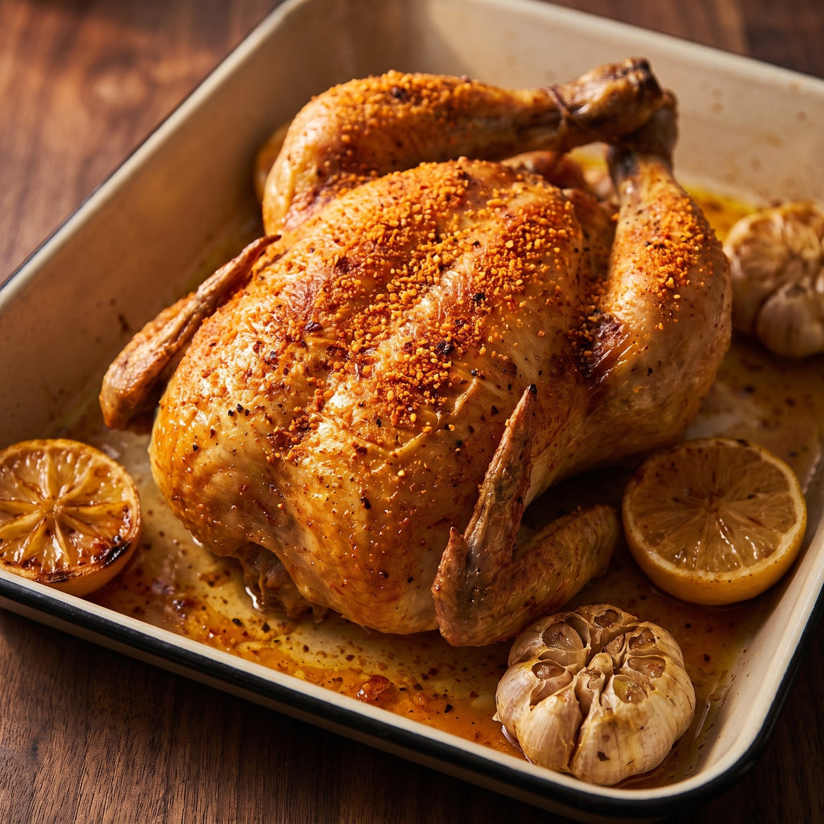 Poulet rôti doré et assaisonné avec Les 3 sels du Pélerin, entouré de citrons et d'ail rôti dans un plat de cuisson