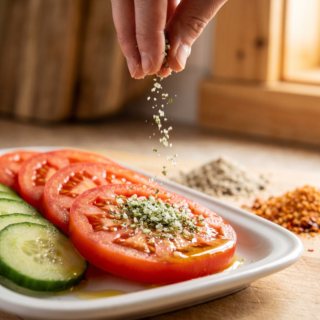 Main saupoudrant Les 3 sels du Pélerin sur des tranches de tomates juteuses et de concombres dans une assiette