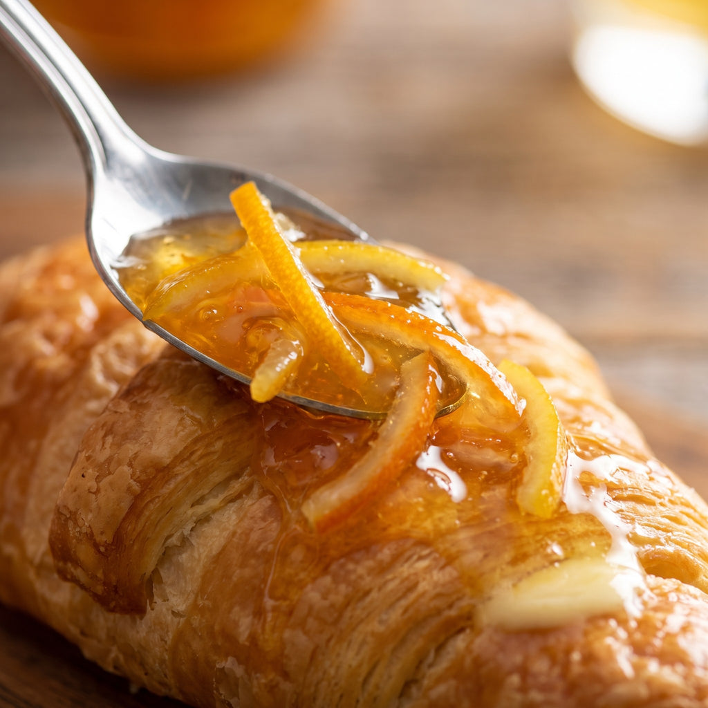 Cuillère déposant de la marmelade aux agrumes avec zestes sur un croissant doré et croustillant
