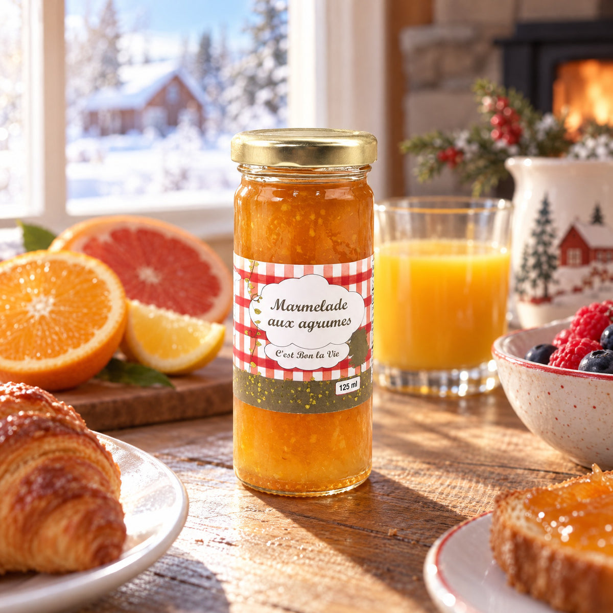 Pot de marmelade aux agrumes sur une table de bois rustique lors d'un déjeuner avec vue sur la neige