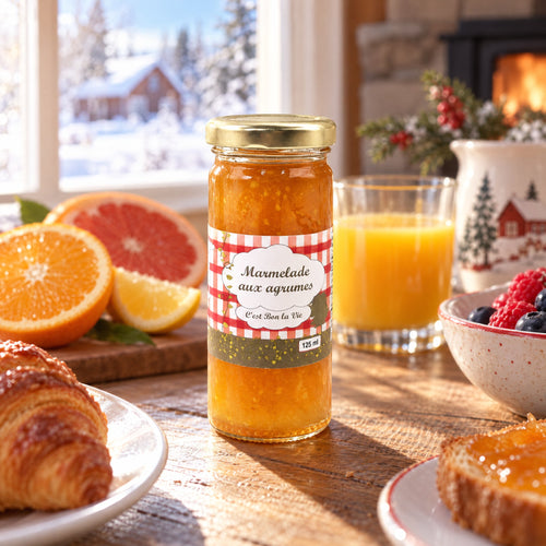 Pot de marmelade aux agrumes sur une table de bois rustique lors d'un déjeuner avec vue sur la neige