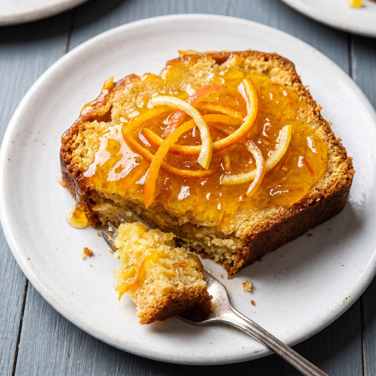 Tranche de quatre-quarts nappée de marmelade aux agrumes et de zestes, servie sur une assiette blanche avec une fourchette