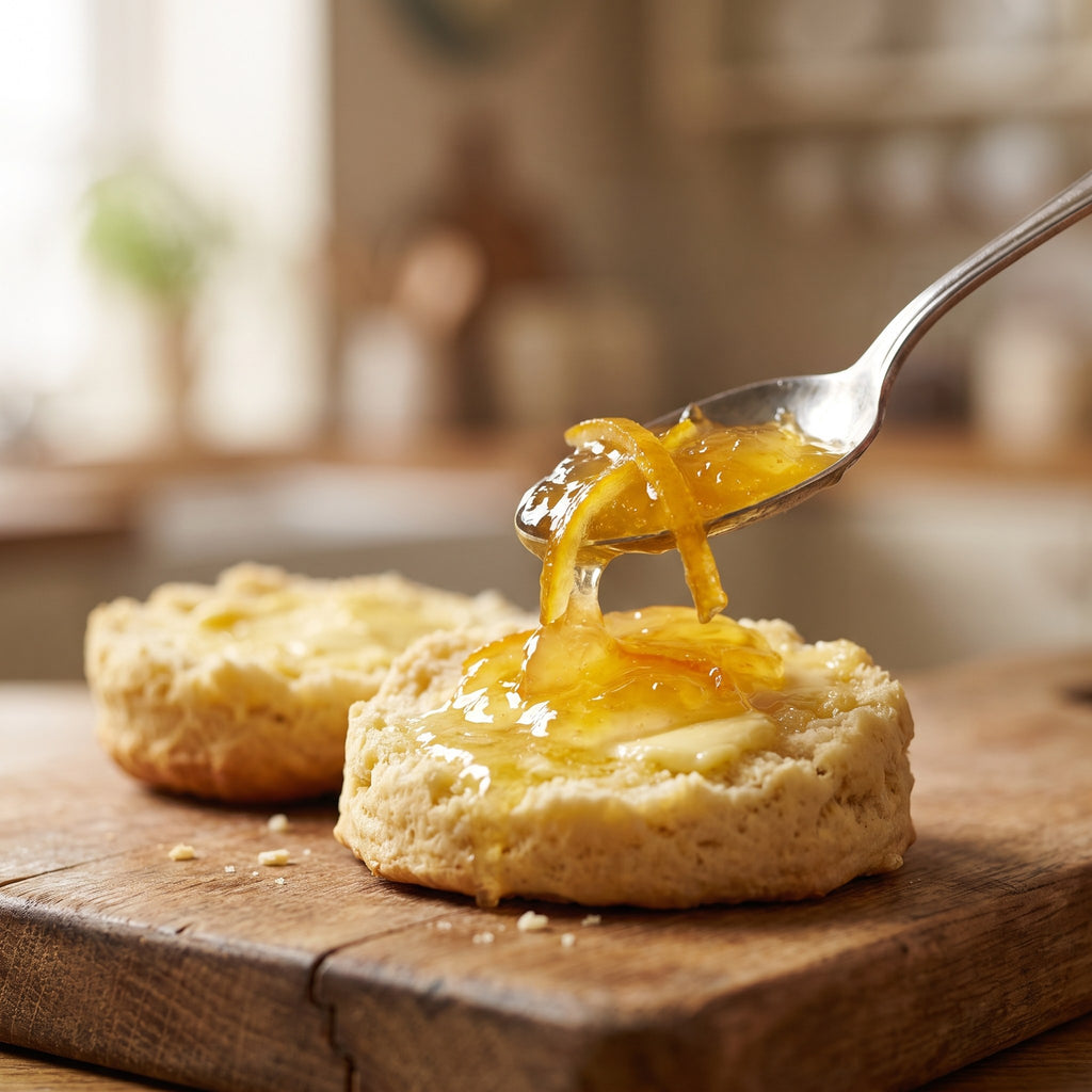Cuillère versant de la marmelade citrons et oranges sur un scone chaud et beurré déposé sur une planche de bois